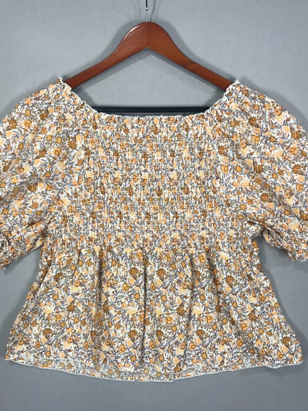 Old Navy Top Womens Large Brown Floral Babydoll Blouse Scoop Smocked Puff Sleeve